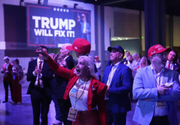 Supporters react as they watch election results at an election night campaign watch party for Republican presidential nominee former President Donald Trump Tuesday, Nov. 5, 2024, in West Palm Beach, Fla. (AP Photo/Alex Brandon)