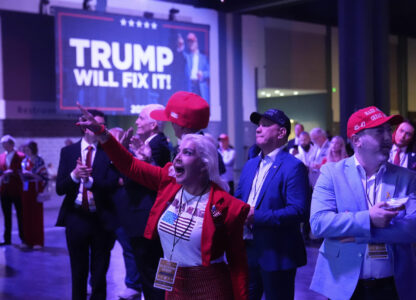 Supporters react as they watch election results at an election night campaign watch party for Republican presidential nominee former President Donald Trump Tuesday, Nov. 5, 2024, in West Palm Beach, Fla. (AP Photo/Alex Brandon)