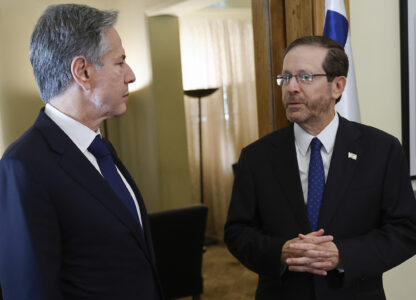 FILE- U.S. Secretary of State Antony Blinken, left, speaks with Israeli President Isaac Herzog, in Tel Aviv, Israel, on Nov. 3, 2023. (Jonathan Ernst/Pool Photo via AP, File)