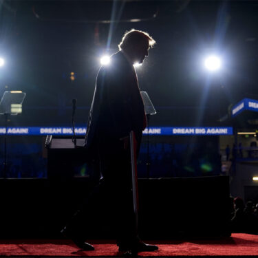 Republican presidential nominee former President Donald Trump walks from the podium after speaking at a campaign rally at Lee's Family Forum, Thursday, Oct. 31, 2024, in Henderson, Nev. (AP Photo/Julia Demaree Nikhinson)