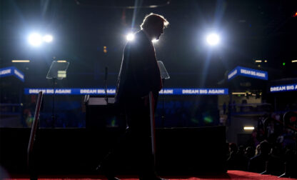 Republican presidential nominee former President Donald Trump walks from the podium after speaking at a campaign rally at Lee's Family Forum, Thursday, Oct. 31, 2024, in Henderson, Nev. (AP Photo/Julia Demaree Nikhinson)