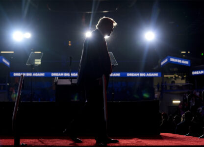 Republican presidential nominee former President Donald Trump walks from the podium after speaking at a campaign rally at Lee's Family Forum, Thursday, Oct. 31, 2024, in Henderson, Nev. (AP Photo/Julia Demaree Nikhinson)