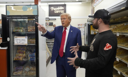 FILE - Republican presidential nominee former President Donald Trump visits Sprankle's Neighborhood Market in Kittanning, Pa., Sept. 23, 2024. (AP Photo/Alex Brandon, File)