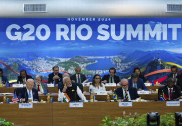 President Joe Biden, from front left, Indian's Prime Minister Narendra Modi, Brazil's President Luis Inacio Lula da Silva, South Africa's President Cyril Ramaphosa and other G20 leaders listen during the G20 Summit at the Museum of Modern Art in Rio de Janeiro, Monday, Nov. 18, 2024. (Eric Lee/The New York Times via AP, Pool)