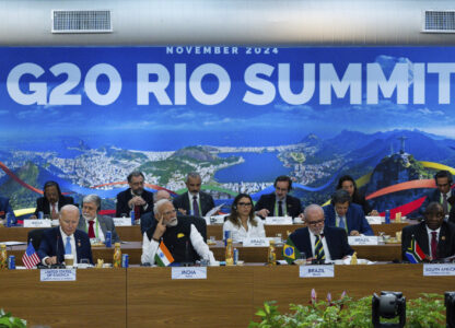 President Joe Biden, from front left, Indian's Prime Minister Narendra Modi, Brazil's President Luis Inacio Lula da Silva, South Africa's President Cyril Ramaphosa and other G20 leaders listen during the G20 Summit at the Museum of Modern Art in Rio de Janeiro, Monday, Nov. 18, 2024. (Eric Lee/The New York Times via AP, Pool)