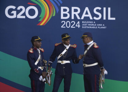 Brazilian honor guard wait for the start of a welcoming ceremony prior to the G20 Summit in Rio de Janeiro, Monday, Nov. 18, 2024. (AP Photo/Eraldo Peres)