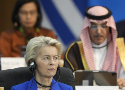 European Commission President Ursula von der Leyen attends the G20 Summit leaders meeting in Rio de Janeiro, Monday, Nov. 18, 2024. (AP Photo/Eraldo Peres)