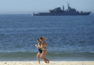 A Brazilian Navy ship patrols off Copacabana beach during the G20 Summit in Rio de Janeiro, Monday, Nov. 18, 2024. (AP Photo/Dhavid Normando)