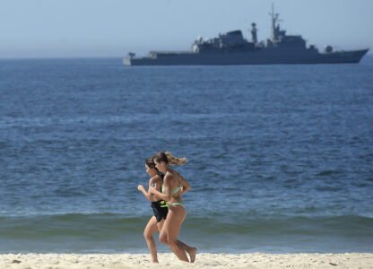 A Brazilian Navy ship patrols off Copacabana beach during the G20 Summit in Rio de Janeiro, Monday, Nov. 18, 2024. (AP Photo/Dhavid Normando)