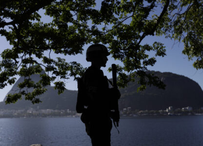 A soldier patrols the perimeters of the Museum of Modern Art, the venue of the G20 summit in Rio de Janeiro, Monday, Nov. 18, 2024. (AP Photo/Bruna Prado)