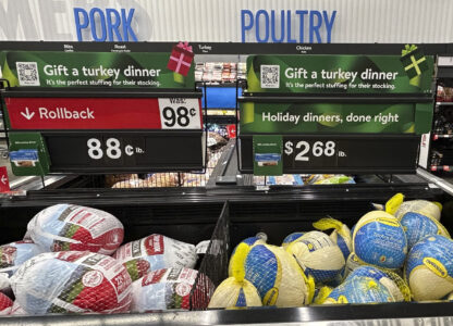 Frozen turkey is displayed at a Walmart store in Secaucus, N.J., on Wednesday, Nov. 13, 2024. (AP Photo/Anne D'Innocenzio)