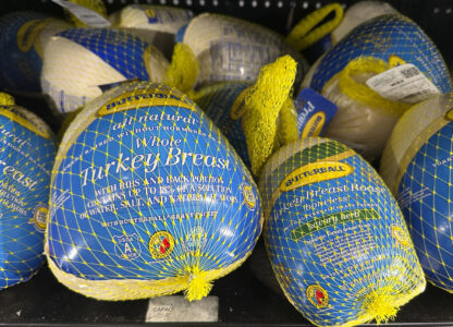 Frozen whole turkey breast is displayed at a Walmart store in Milford, Conn., on Saturday, Nov. 16, 2024. (AP Photo/Peter Morgan)