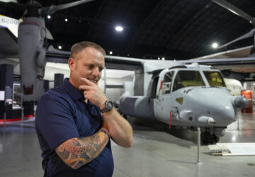 Former Air Force Osprey pilot Brian Luce poses for a portrait inside of the Wright Patterson AFB Air Force Museum, Aug. 9, 2024, in Dayton, Ohio. (AP Photo/Jeff Dean)