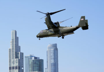 Marine Two, an Osprey tilt-rotor aircraft, with Vice President Kamala Harris and second gentleman Doug Emhoff aboard, lifts from Soldier Field in Chicago, Aug. 23, 2024.(AP Photo/Jacquelyn Martin)