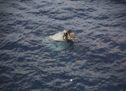 In this photo provided by Japan Coast Guard, debris believed to be from a U.S. military Osprey aircraft is seen off the coast of Yakushima Island in Kagoshima Prefecture in Japan Nov. 29, 2023. (Japan Coast Guard via AP)