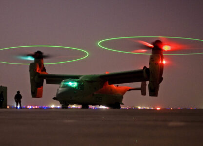 FILE - A V-22 Osprey tilt rotor aircraft taxi's during a mission in western Iraqi desert, Oct. 13, 2008. (AP Photo/Dusan Vranic, File)