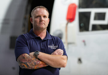 Former Air Force Osprey pilot Brian Luce poses for a portrait inside of the Wright Patterson AFB Air Force Museum, Aug. 9, 2024, in Dayton, Ohio. (AP Photo/Jeff Dean)