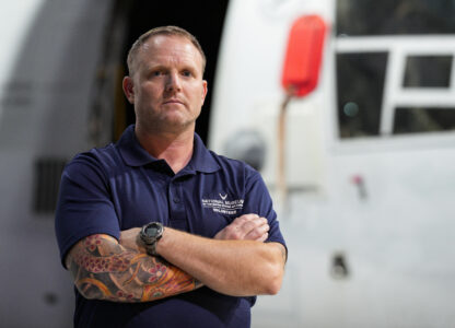 Former Air Force Osprey pilot Brian Luce poses for a portrait inside of the Wright Patterson AFB Air Force Museum, Aug. 9, 2024, in Dayton, Ohio. (AP Photo/Jeff Dean)