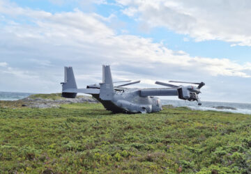 A Boeing V-22 Osprey is seen on Aug. 13, 2022, in Senja, Norway, after an emergency landing due to a clutch issue. (Norwegian Armed Forces via AP)