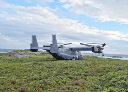 A Boeing V-22 Osprey is seen on Aug. 13, 2022, in Senja, Norway, after an emergency landing due to a clutch issue. (Norwegian Armed Forces via AP)