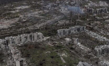 An aerial view of Chasiv Yar shows the frontline city in ruins after heavy fighting between Russian and Ukrainian forces for over a year, Donetsk Region, Ukraine, Nov. 11, 2024. (AP Photo)