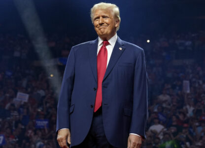 FILE - Republican presidential nominee former President Donald Trump arrives for a campaign rally in Glendale, Ariz., on Aug. 23, 2024. (AP Photo/Evan Vucci, File)