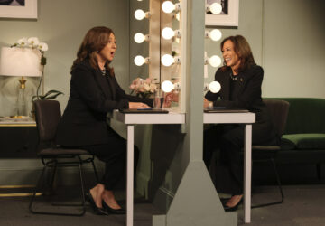 This image released by NBC shows Maya Rudolph, left, and Democratic presidential candidate Kamala Harris during the 