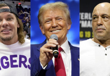 This combination of images shows comedian and podcaster Theo Von, left, President Donald Trump, center, and comedian-commentator and podcaster Joe Rogan. (AP Photo)