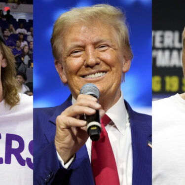 This combination of images shows comedian and podcaster Theo Von, left, President Donald Trump, center, and comedian-commentator and podcaster Joe Rogan. (AP Photo)