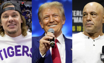 This combination of images shows comedian and podcaster Theo Von, left, President Donald Trump, center, and comedian-commentator and podcaster Joe Rogan. (AP Photo)