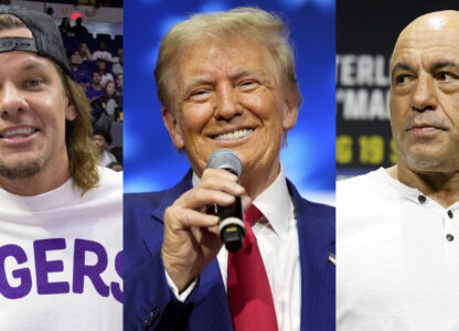 This combination of images shows comedian and podcaster Theo Von, left, President Donald Trump, center, and comedian-commentator and podcaster Joe Rogan. (AP Photo)