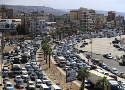 FILE - Cars sit in traffic as they flee southern villages in Sidon, Lebanon, on Sept. 23, 2024. (AP Photo/Mohammed Zaatari, File)