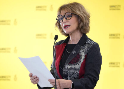 FILE - Agnès Callamard, Secretary General of Amnesty International, speaks at a press conference in London, April 23, 2024. (AP Photo/Kirsty Wigglesworth, File)