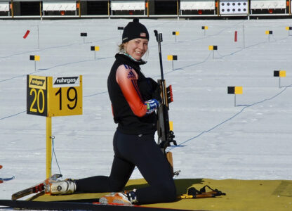 In this 2010 photo provided by Julia Bayly biathlete Grace Boutot practices at the 10th Mountain Ski Center in Fort Kent, Maine. (Julia Bayly via AP)