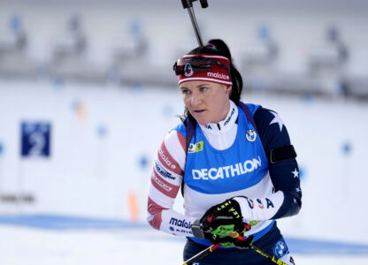 FILE - Joanne Reid, of the United States, competes during the women's 7.5 km sprint competition at the Biathlon World Cup event in Pokljuka, Slovenia, on Jan. 5, 2023. (AP Photo/Darko Bandic, File)