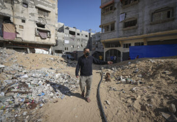 Ahmed Algharbli shows the area where he last saw his father, Mahmoud Alghrabli, in Khan Younis, Gaza Strip, Nov. 21, 2024. (AP Photo/Abdel Kareem Hana)