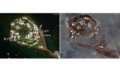 This combination of before and after images shows damage at the Dzaoudzi Port on the French Territory of Mayotte in the Indian Ocean after Cyclone Chido, Dec. 16, 2024. (Maxar Technologies via AP)