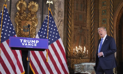 President-elect Donald Trump arrives for a news conference at Mar-a-Lago, Monday, Dec. 16, 2024, in Palm Beach, Fla. (AP Photo/Evan Vucci)