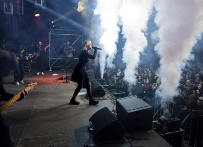 Indie rock band Renie Cares performs during the presentation of the music album Epoch, a collaboration between Ukrainian artists and the 3rd Assault Brigade, in Kyiv, Ukraine, Saturday, Dec. 7, 2024. (AP Photo/Alex Babenko)