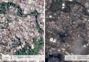 This undated satellite photo provided on Wednesday Dec. 18, 2024 by the Institut Geographique National (IGN), left, and the Centre National d'Etudes Spatiales (CNES) shows Mtsapere, before and after of the cyclone Chido in the Indian Ocean French territory of Mayotte. (IGN/CNES distributed by Airbus DS via AP)