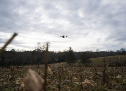 Russell Hedrick's DJI drone puts crop cover on his farm, Tuesday, Dec. 17, 2024, in Hickory, N.C. (AP Photo/Allison Joyce)