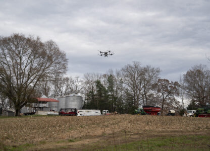 Russell Hedrick's DJI drone puts crop cover on his farm, Tuesday, Dec. 17, 2024, in Hickory, N.C. (AP Photo/Allison Joyce)