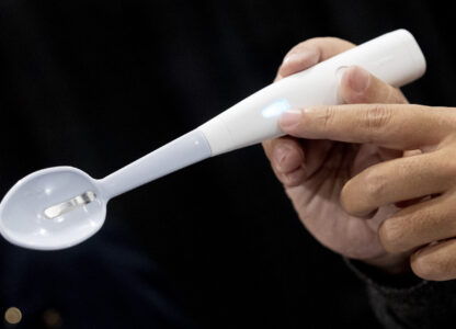 The Kirin Electric Salt spoon flows a mild electric current through the food around the tongue to attract salt towards the tongue creating a more intense salt flavor, during 2025 CES Unveiled, Sunday, Jan. 5, 2025, in Las Vegas. (AP Photo/Jack Dempsey)