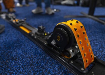 E-SKIMO showcases the first electrical assisted e-ski mountaineering device, which has a removable belt to help propel your ascent and with it removed, you can descend like on a regular ski, during 2025 CES Unveiled, Sunday, Jan. 5, 2025, in Las Vegas. (AP Photo/Jack Dempsey)