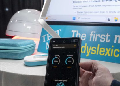 Lili showcases a reading light and monitor with adjustable frequency to help people with dyslexia during 2025 CES Unveiled, Sunday, Jan. 5, 2025, in Las Vegas. (Photo by Jack Dempsey)