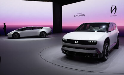 The Honda 0 SUV, right, and Honda 0 Saloon EV prototypes are on display at the Honda booth during the CES tech show Tuesday, Jan. 7, 2025, in Las Vegas. (AP Photo/John Locher)