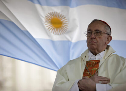 FILE - Argentina's Cardinal Jorge Bergoglio giving a mass outside the San Cayetano church in Buenos Aires, Aug. 7, 2009. (AP Photo/Natacha Pisarenko, File)