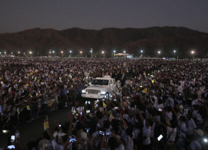 FILE - Pope Francis leaves after leading a holy mass at Tasitolu park in Dili, East Timor, Sept. 10, 2024. (AP Photo/Firdia Lisnawati, File)