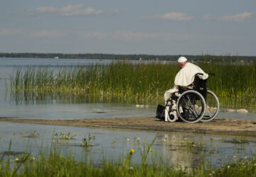 FILE - Pope Francis visits the Lac Ste. Anne pilgrimage site in Alberta, Canada, July 26, 2022. (AP Photo/Eric Gay, File)