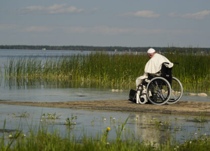 FILE - Pope Francis visits the Lac Ste. Anne pilgrimage site in Alberta, Canada, July 26, 2022. (AP Photo/Eric Gay, File)